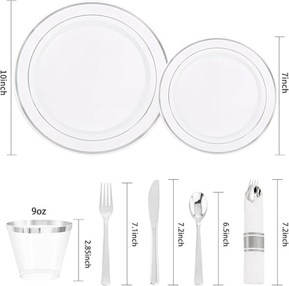 DaYammi 350PCS Silver Plastic Dinnerware Set for 50 Guests, Fancy Disposable Plates for Christmas, Include: 50 Dinner Plates, 50 Dessert Plates, 50 Pre Rolled Napkins with Silver Silverware, 50 Cups