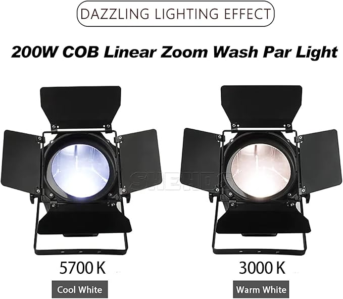 SHEHDS LED Par Lights COB 200W Linear Zoom Spotlights Wash Lights with Barn Door Warm White(3000k) & Cool White(5700k) Stage Light DMX512 Sound Activated DJ Light for Church Wedding Theater-1 Pack