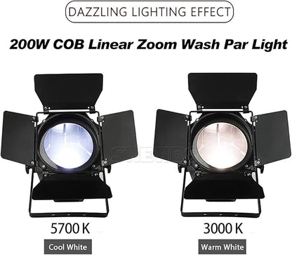SHEHDS LED Par Lights COB 200W Linear Zoom Spotlights Wash Lights with Barn Door Warm White(3000k) & Cool White(5700k) Stage Light DMX512 Sound Activated DJ Light for Church Wedding Theater-1 Pack