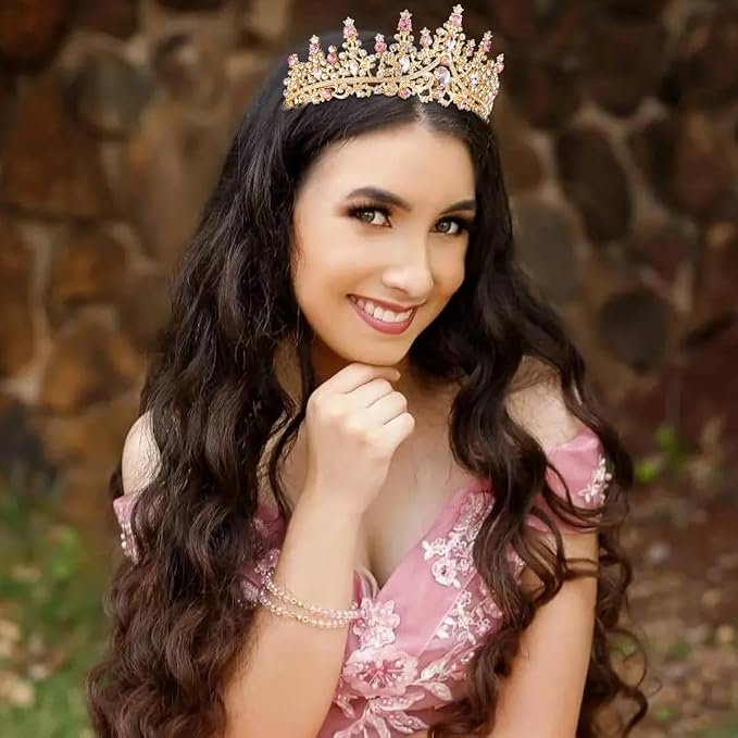 TOBATOBA Gold Pink Crown, Wedding Tiaras and Crowns for Women, Coronas Para Ramos Buchones De Flores, Queen Crown Royal Princess Quinceanera Headpieces for Birthday Prom Pageant Halloween Cosplay