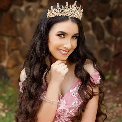 TOBATOBA Gold Pink Crown, Wedding Tiaras and Crowns for Women, Coronas Para Ramos Buchones De Flores, Queen Crown Royal Princess Quinceanera Headpieces for Birthday Prom Pageant Halloween Cosplay