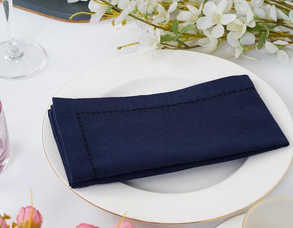 Blue Needles Set of 6 Hemstitch Linen Napkins 100% Cotton Navy Blue Cloth Dinner Napkins 18x18 inches, Soft, Reusable, Absorbent, Washable, Ideal for Fall Thanksgiving Events, Parties & Everyday Use