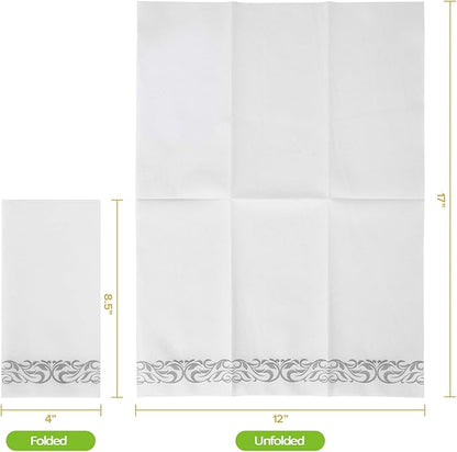 FOCUSLINE 200 Linen Feel Disposable Bathroom Napkins, Soft and Absorbent Paper Guest Towels, Cloth-Like Paper Hand Towels Decorative Napkins for Parties, Weddings, Dinners or Events, Silver, 12" x 17"