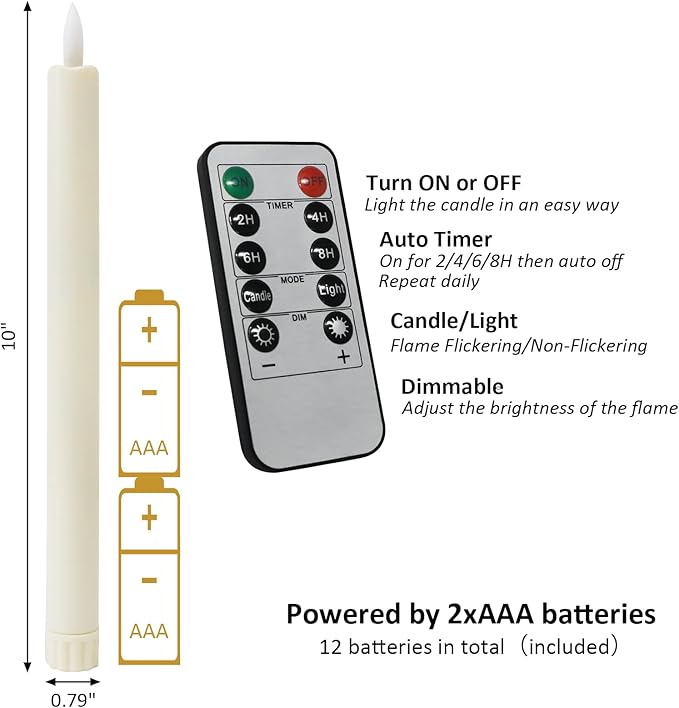 6PCS Flameless Taper Candles with 3D Flickering Flame Battery Operated Candles with 2 Remote with Button Cell Battery 10" Ivory LED Candlesticks Window Candle for Christmas Home Decor