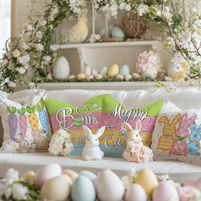 GEEORY Happy Easter Bunny Kisses Easter Wishes Throw Pillow Covers 18x18 Inch Set of 4, Stripes Spring Decorative Farmhouse Holiday Cushion Case for Home Decoration (Rainbow Carrots) G681-18
