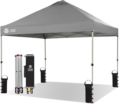 CROWN SHADES 10x10 Pop Up Canopy - Beach Tent with One Push Setup - Easy Outdoor Sun Shade Shelter for Events, Parties - Gazebo with STO-N-Go Cover Bag, Silver Coated Top,Light Gray