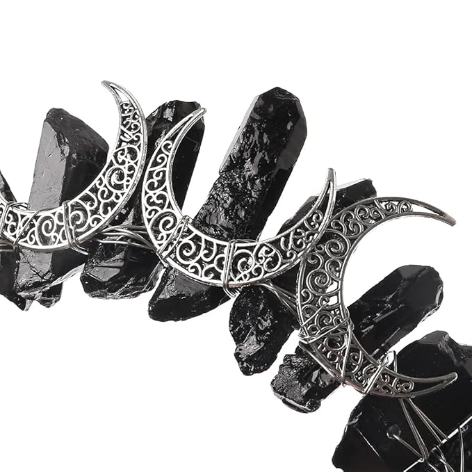 Black Natural Crystal Tiara Headband, Quartz Rhinestone Crown Goddess Halloween Masquerade Party Headwear for Women Girls