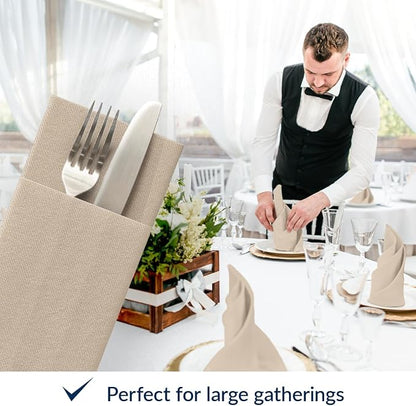 PAW - Linen Feel Napkins with Built-in Flatware Pocket, Soft and Absorbent Paper Pre-Folded Napkins, Guest Towels, Wedding Party, Dinner, Birthday, Gatherings, Monocolor Beige, 50 Count