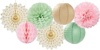 Sage-Green Pink-Champagne Party-Decorations Streamers Lanterns - 14pcs Neutral Baby Shower Paper Fan,Tissue Pom Poms,Honeycomb Balls,Boho Wedding Engagement Bachelorette Birthday Bridal Decor Ouruola