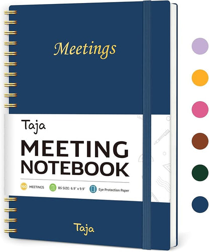 Taja Meeting Notebook for Work Organization - Work Planner Notebook with Action Items, Agenda Planner for Note Taking, 160 Pages (6.9" X 9.9") Project Organizer for Men & Women - Navy Blue