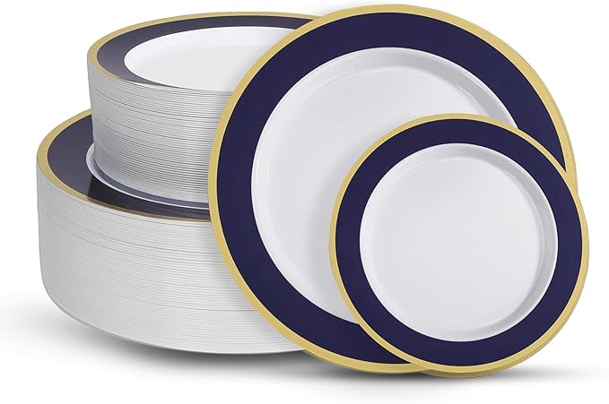 100PCS Halloween Plastic Plates Disposable Heavy Duty Include 50PCS 10.25inch Dinner Plates and 50PCS 7.5inch Dessert Plates Dinnerware for Halloween Party Wedding New Year,Dark Blue