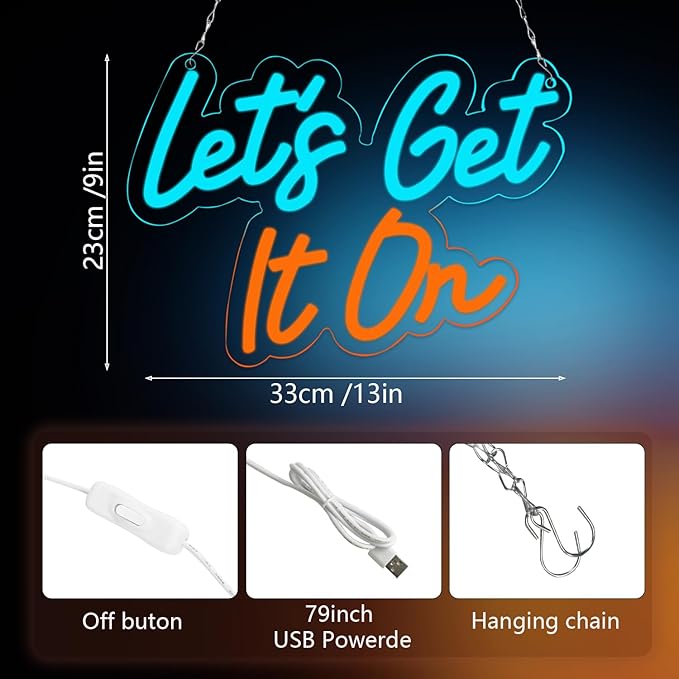 Romantic Neon Sign for Bedroom Wall Decor - “Let’s Get It On” LED Neon Wall Light - Colorful Blue Red Yellow Glow for Party, Wedding, Bar, Love Room, and Fun Atmosphere