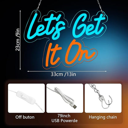 Romantic Neon Sign for Bedroom Wall Decor - “Let’s Get It On” LED Neon Wall Light - Colorful Blue Red Yellow Glow for Party, Wedding, Bar, Love Room, and Fun Atmosphere