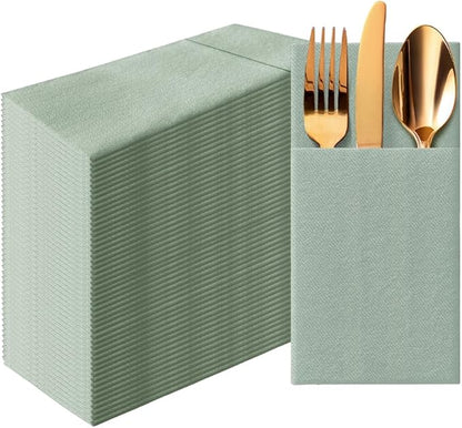 PAW - Sage Linen Feel Napkins with Built-in Flatware Pocket, Airlaid Paper Pre-Folded Napkins for Silverware, Wedding Party, Dinner, Birthday, Gatherings, Monocolor Light Green, 50 Count
