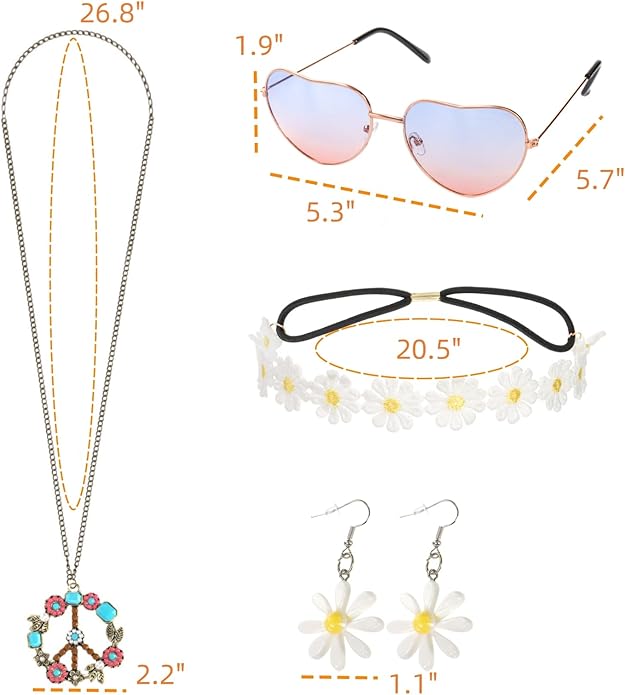 Dicunoy 5 PCS Hippie Costume Accessories, 70s Hippie Costume Set, Daisy Flower Headband and Earrings, Sunglasses, Peace Sign Pendant Necklace Jewelry for 60s 70s Theme Groovy Party