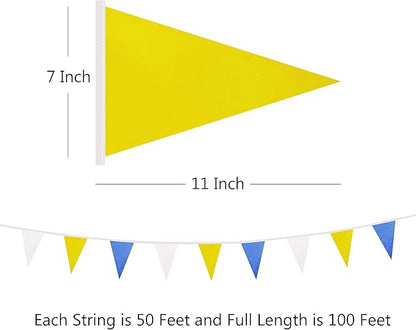 100 Ft White Yellow Dark Blue Pennant Banner Flag, 60 Pcs String Hanging DIY Bunting Flags for Party, School, Birthday, Wedding, Carnival, Celebrations, Outdoor and Indoor Decorations (White Yellow Dark Blue)