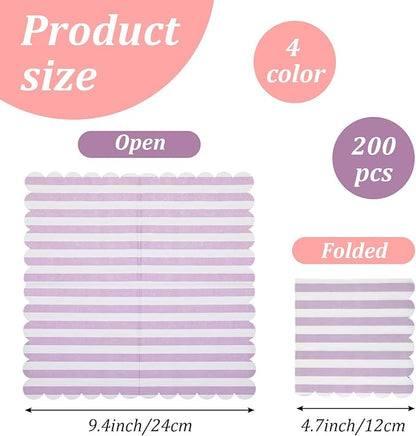 200 Pack Scalloped Pastel Napkins Mixed Stripe Ice Cream 5 x 5 Inch Disposable Paper Cocktail Beverage Napkins for Pastel Summer Party Shower Birthday Dinner Decor Supplies Favor (4 Colors)