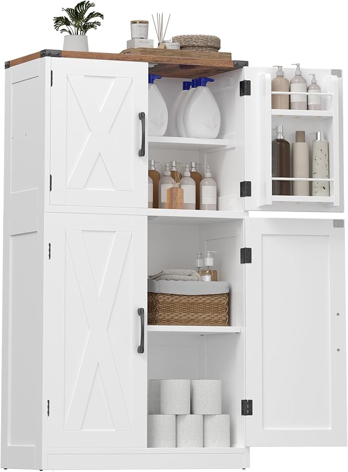 HOOBRO Bathroom Storage Cabinet, Farmhouse Freestanding Floor Cabinet with 2 Extra Hidden Storage Doors, Adjustable Shelves, Large Capacity, Easy Assembly, 11.8 x 23.6 x 43.5 Inches, White and Walnut