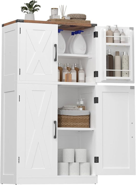 HOOBRO Bathroom Storage Cabinet, Farmhouse Freestanding Floor Cabinet with 2 Extra Hidden Storage Doors, Adjustable Shelves, Large Capacity, Easy Assembly, 11.8 x 23.6 x 43.5 Inches, White and Walnut