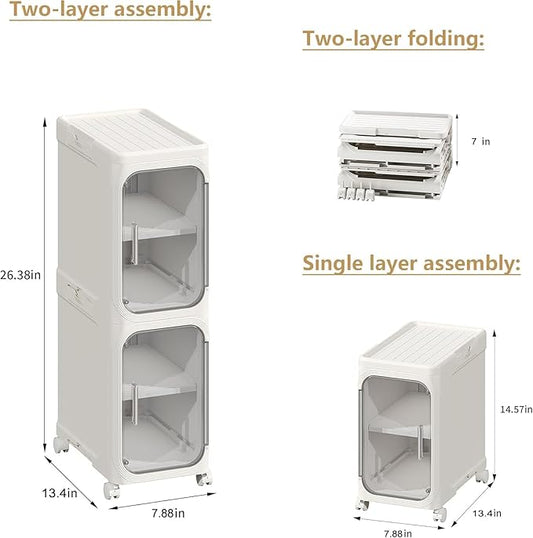 2-Tier Tall Narrow Storage Cabinet, Slim Bathroom Storage Cabinet with Adjustable Shelves and Wheels, Narrow Organizer for Small Space, Bathroom, Kitchen, Laundry, White