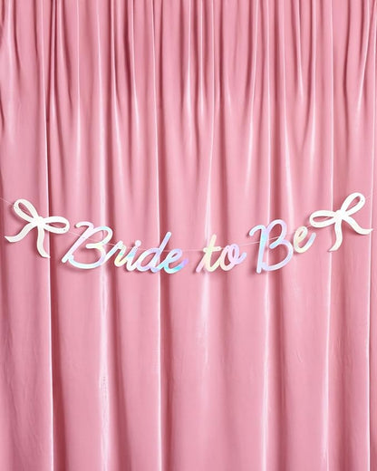 xo, Fetti Bride to Be Bow Banner Iridescent Foil + Pink Glitter , 5 Ft. | Bachelorette Party Decoration, Tying the Knot Bride Bach Decor, Bridesmaid Favor, Engagement Gift, Bridal Shower Supplies, Photobooth Backdrop