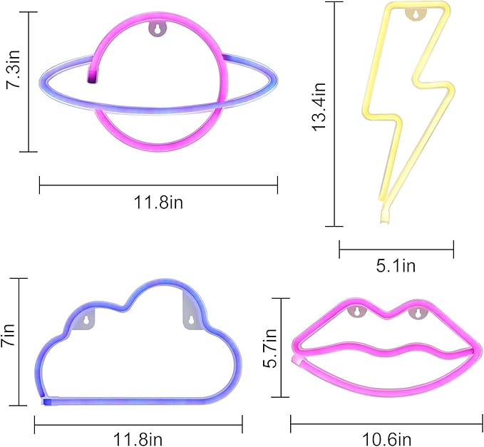 4 Pcs LED Decorative Neon Night Signs, Hanging Lighted Up Neon Sign for Bedroom Room Decor Neon Lights Led Cloud Signs Light Sign for Home Decor Pink/Blue Planet