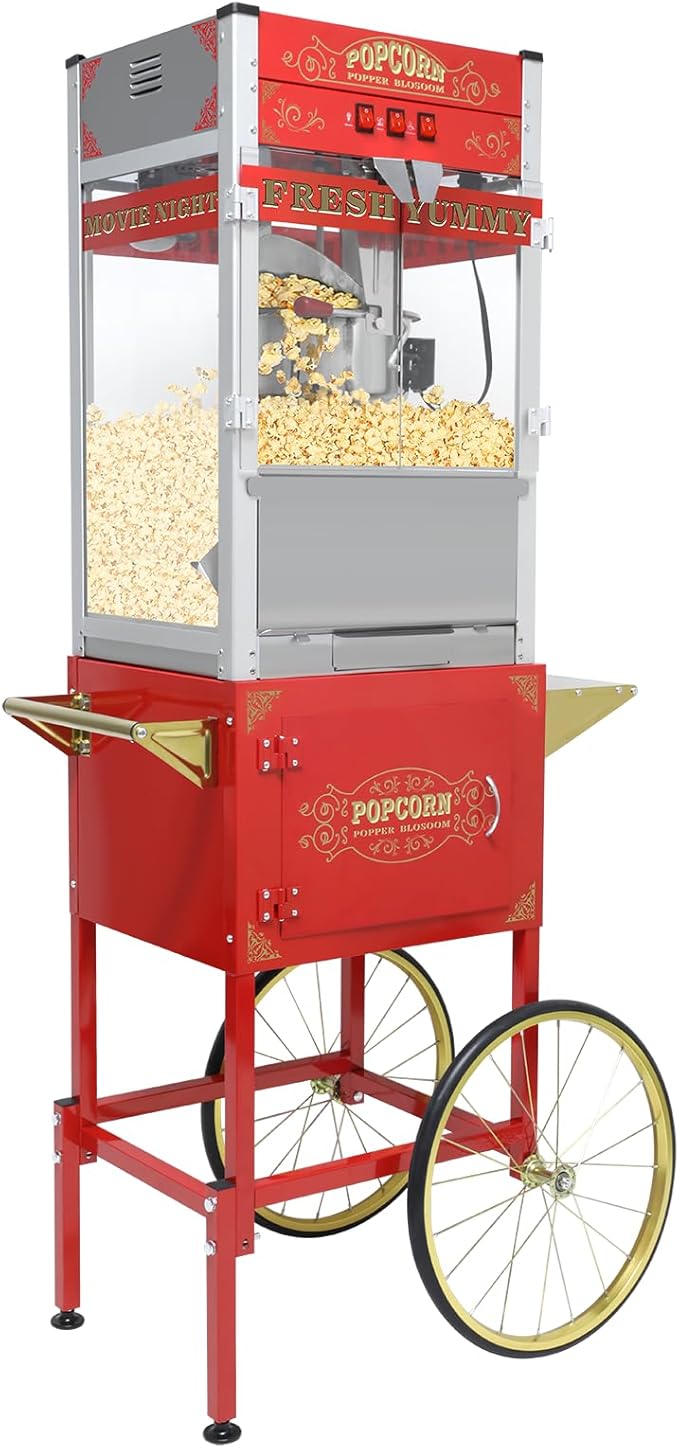 Commercial 20 Oz Popcorn Machine with Cart - 100 Cups, Stainless Steel Kettle, Warming Light - Portable Popper for Home Theater & Parties, Red