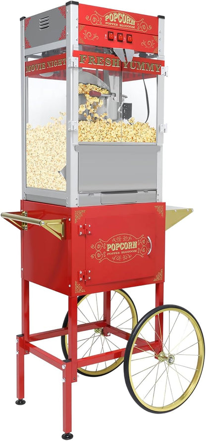 Commercial 20 Oz Popcorn Machine with Cart - 100 Cups, Stainless Steel Kettle, Warming Light - Portable Popper for Home Theater & Parties, Red