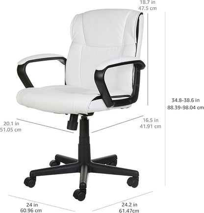 Amazon Basics Office Task Chair with Adjustable Height, 360° Swivel, Padded Armrests, Mid-Back, 275 Pound Capacity, BIFMA Certified, 24.2"D x 24"W x 38.6"H, White Faux Leather
