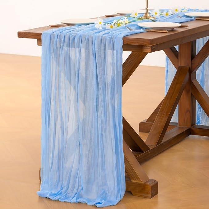 Socomi 10pcs Blue Fall Thanksgiving Cheesecloth Table Runner Light Blue Boho Rustic Gauze 120 inch 10FT Cheese Cloth Runner for Wedding Party Baby Shower Birthday Home Decor Holiday Decorations