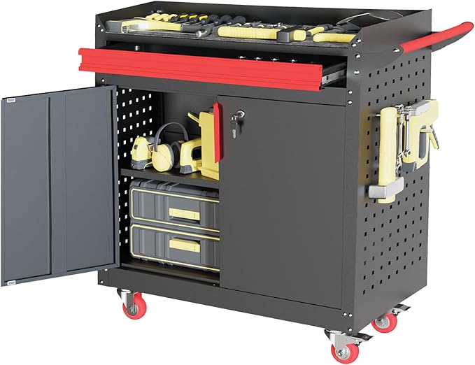 Metal Garage Storage Cabinet with Wheels,Lockable Storage Cabinets with Adjustable Shelf,Steel Tool Locker with Pegboard and Handle for Garage,Warehouse