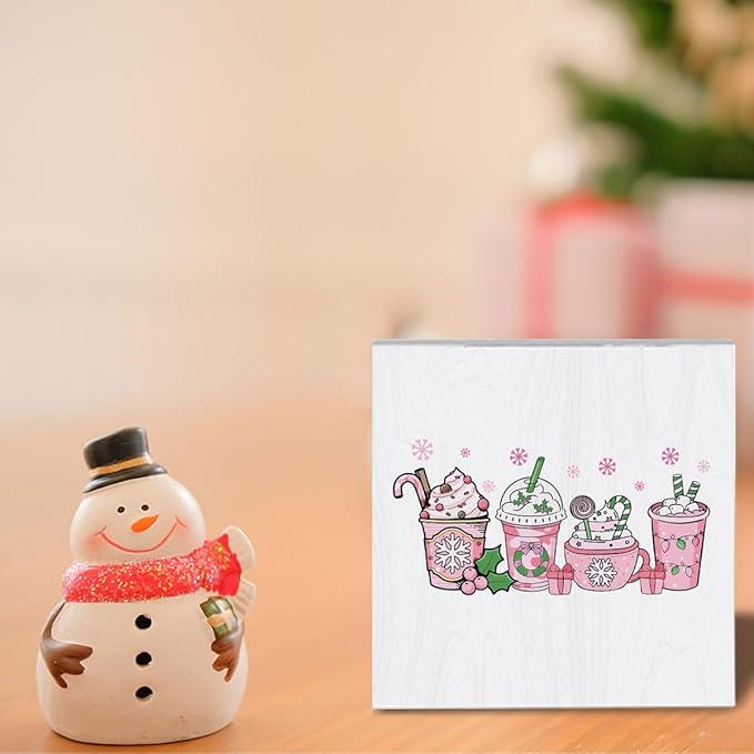 Pink Christmas Coffee Bar Decor for Home Pink Hot Chocolate Decorations Christmas Decorations for Home Merry Xmas Decor for Office Table 5 x 5 Inches
