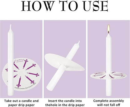 200 White Taper Candles with Drip Protectors Smokeless and Unscented 4.7'' H X 0.47'' D- Handheld Drip Guard,Church for Prayers, Vigil,Memorial Services, Religion,Shabbat, Prayer Candles