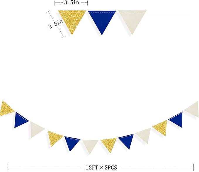 Blue Gold Beige Party Decoration Royal Gold Glitter Felt Hanging Triangle Mini Bunting Pennant Banner Flag for Birthday Wedding Graduation Baby Shower Nautical Ahoy Achor Party Nursery Classroom Decor