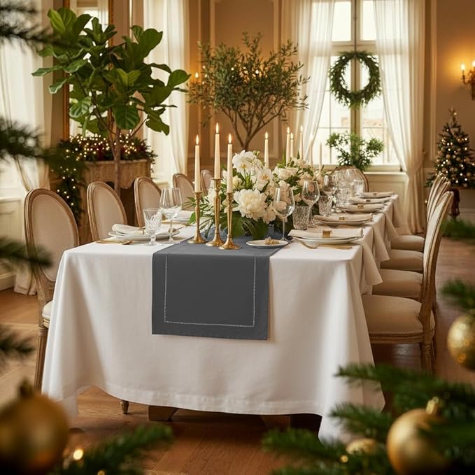 D'Moksha Homes Linen Charcoal Grey Table Runner 120 Inches Long - 100% Pure Linen Hemstitch 14 x 120 Inch Table Runner for Dining, Winter, Christmas, Holiday - Classic Hemstitch