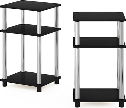 Furinno JUST Side Table Set of 2, 3-Tier End Tables, Open Shelves Night Stand, Nightstand, Toolless Assembly, for Living Room, Bedroom, Americano/Stainless Steel