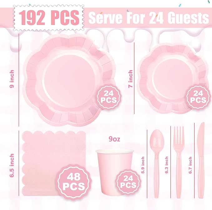 192 Pcs Pink Paper Plates And Napkins Set Party Supplies - For 24 Guests Paper Plates And Napkins Knives Spoons Forks Cups - For Baby Shower Bridal Shower Wedding