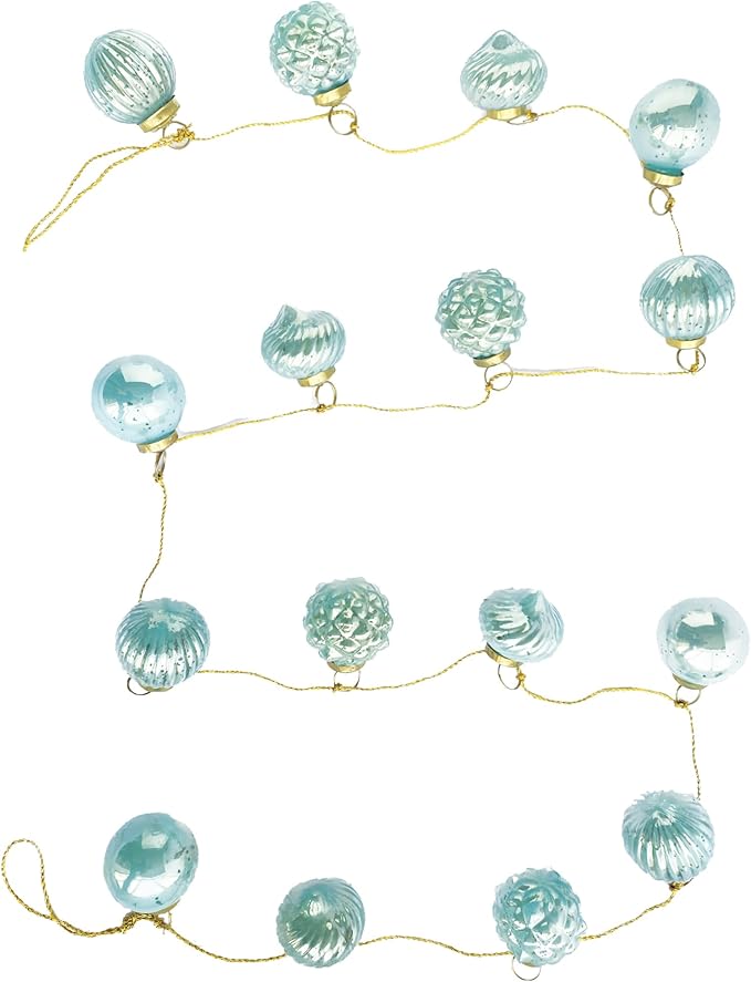 Creative Co-Op Embossed Mercury Glass Ornament Garland with Gold Cord, Mint Color