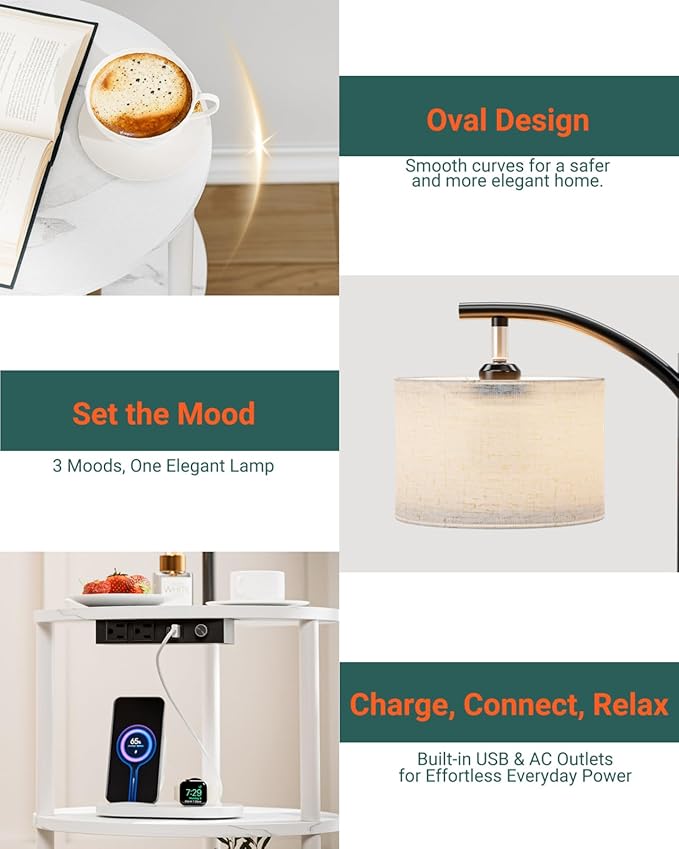 Round Side Table with Lamp and USB Ports, 3-Tier Small End Table for Living Room & Bedroom, Rustic Wood Metal Nightstand for Small Spaces, Easy to Assemble, Marble White