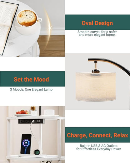 Round Side Table with Lamp and USB Ports, 3-Tier Small End Table for Living Room & Bedroom, Rustic Wood Metal Nightstand for Small Spaces, Easy to Assemble, Marble White