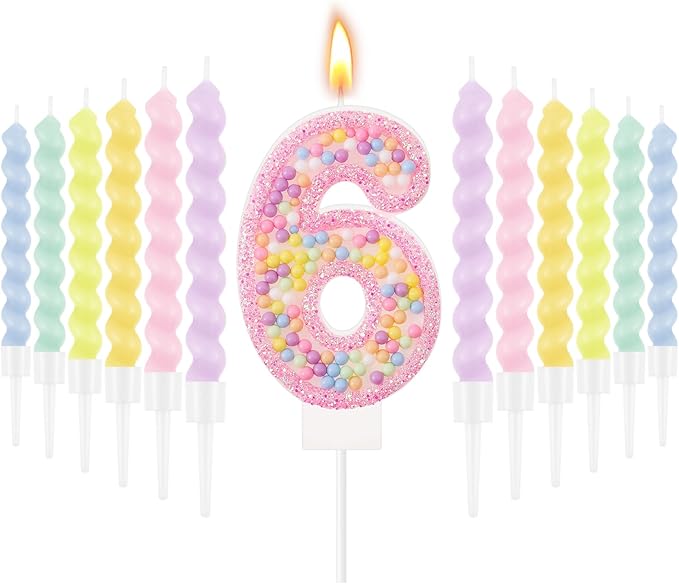 MTLEE Number 6 Birthday Candle with 12 Pcs Spiral Candles for Girls Macaron Pastel Rainbow Unicorn Pink Cake Topper for Sweet Theme Party Decoration