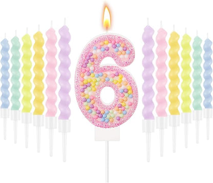 MTLEE Number 6 Birthday Candle with 12 Pcs Spiral Candles for Girls Macaron Pastel Rainbow Unicorn Pink Cake Topper for Sweet Theme Party Decoration