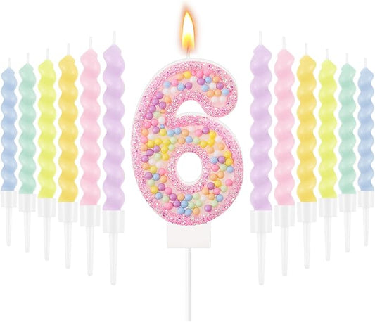 MTLEE Number 6 Birthday Candle with 12 Pcs Spiral Candles for Girls Macaron Pastel Rainbow Unicorn Pink Cake Topper for Sweet Theme Party Decoration