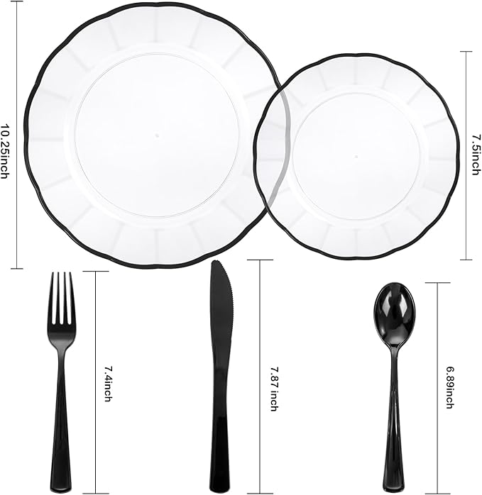 EI 150pcs Clear and Black Plastic Plates Dinnerware Disposable Party Set for 30Guests,Dinnerware Include 60 Clear Plates Disposable 90 Black Silverware,Perfect for Party,Christmas,New Year