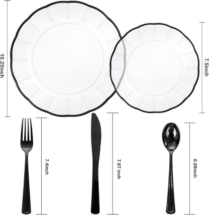 EI 150pcs Clear and Black Plastic Plates Dinnerware Disposable Party Set for 30Guests,Dinnerware Include 60 Clear Plates Disposable 90 Black Silverware,Perfect for Party,Christmas,New Year