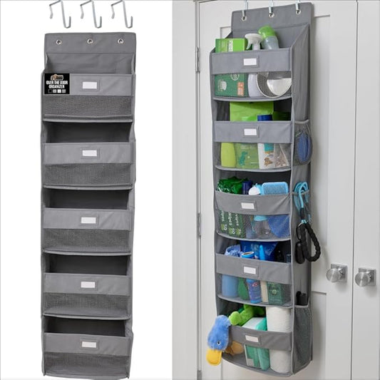 GORILLA GRIP Over The Door Organizer Storage, 5 Deep Hanging Shelves, Holds 50lbs, Closet Organizers Shelf for Bedroom, Shoes, Bathroom, Nursery, Dorm Essentials, 3 Metal Hooks, 58x15 Inches, Gray