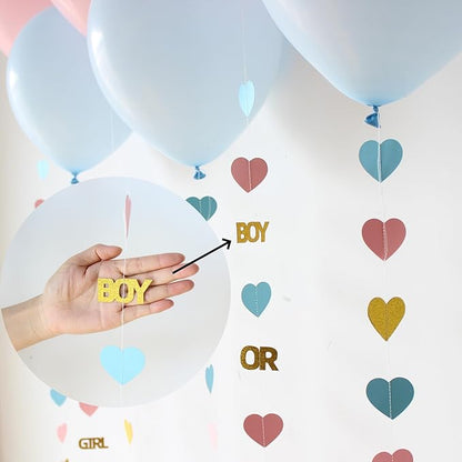 Boy or Girl Gender Reveal Decorations 6PC Pink Blue Balloon Tails with Heart Streamer Garland for Baby Shower Decorations