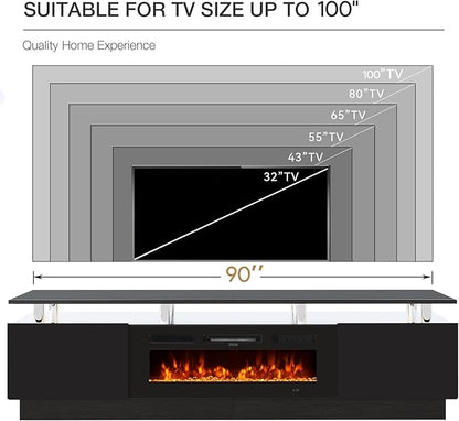 90" TV Stand for Living Room, Large Entertainment Center & Media Console, Fits TVs up to 100", Storage Cabinet with Shelves, 50" Electric Fireplace