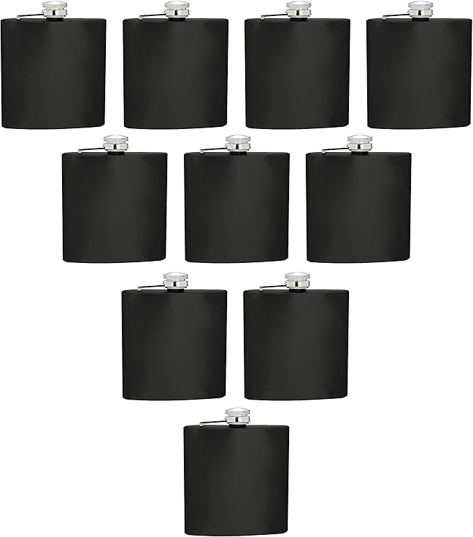 Murano Stainless Steel Hip Flasks 6 oz. Set of 10, Bulk Pack - Screw on Cap, Great for Wedding Party Gifts, Groomsmen Gifts, Outdoor Activities - Black
