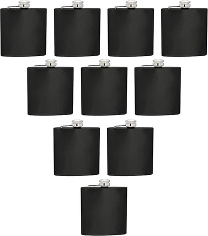 Murano Stainless Steel Hip Flasks 6 oz. Set of 10, Bulk Pack - Screw on Cap, Great for Wedding Party Gifts, Groomsmen Gifts, Outdoor Activities - Black
